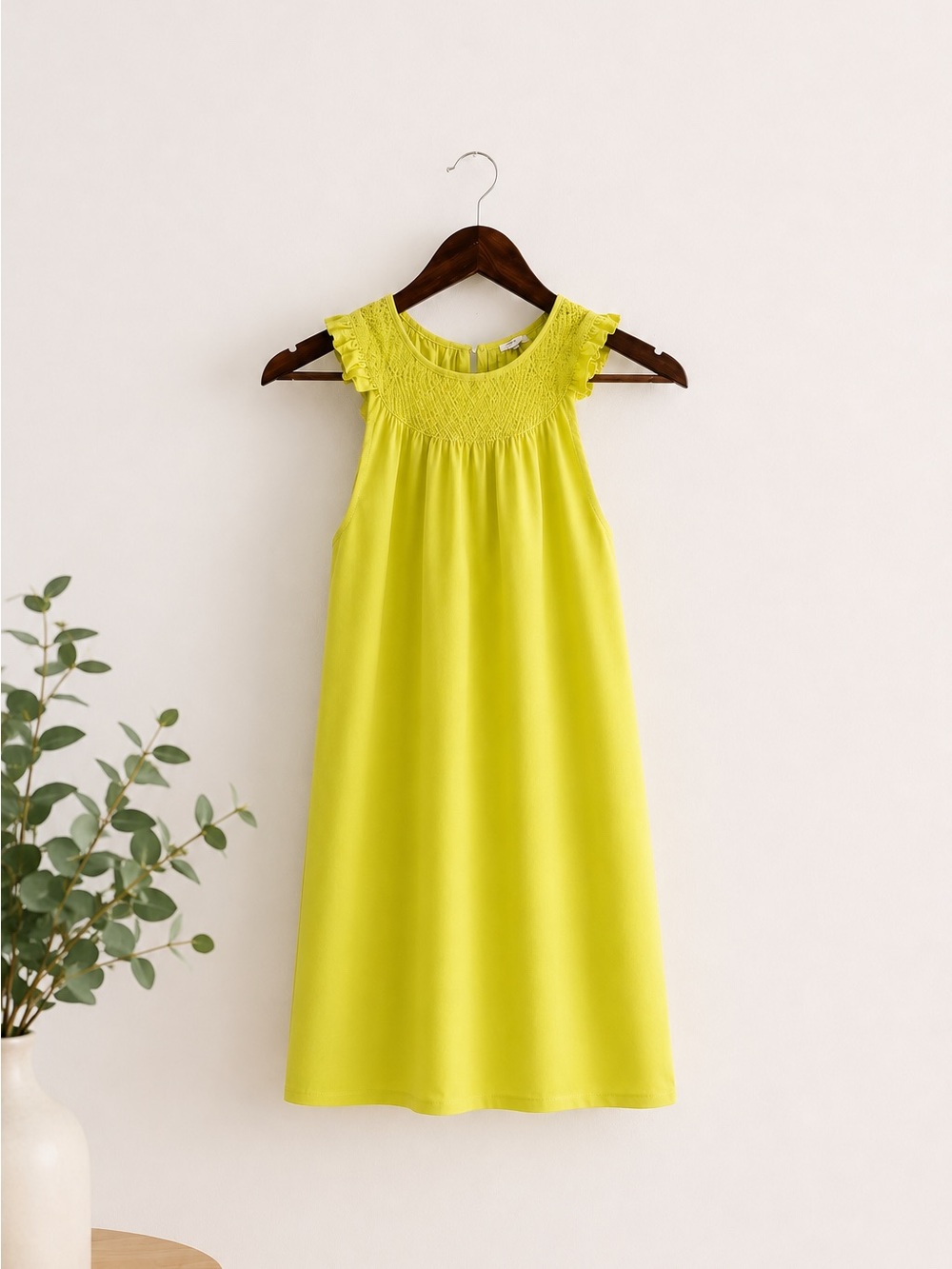 J. Crew Lime Yellow High Smocked Neckline Cap Ruffle Sleeve Dress with Pockets